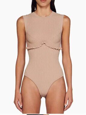 Sandro Ribbed Knit Bodysuit – Neutral Beige Sculpted Fit